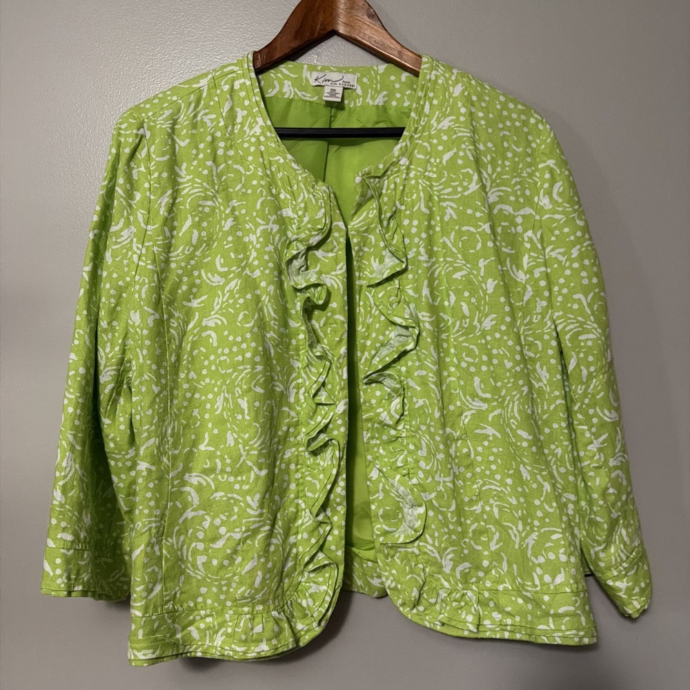 Kim Roger Green Linen Jacket PXL Ruffle 3/4 Sleeve Resort Vacation Career